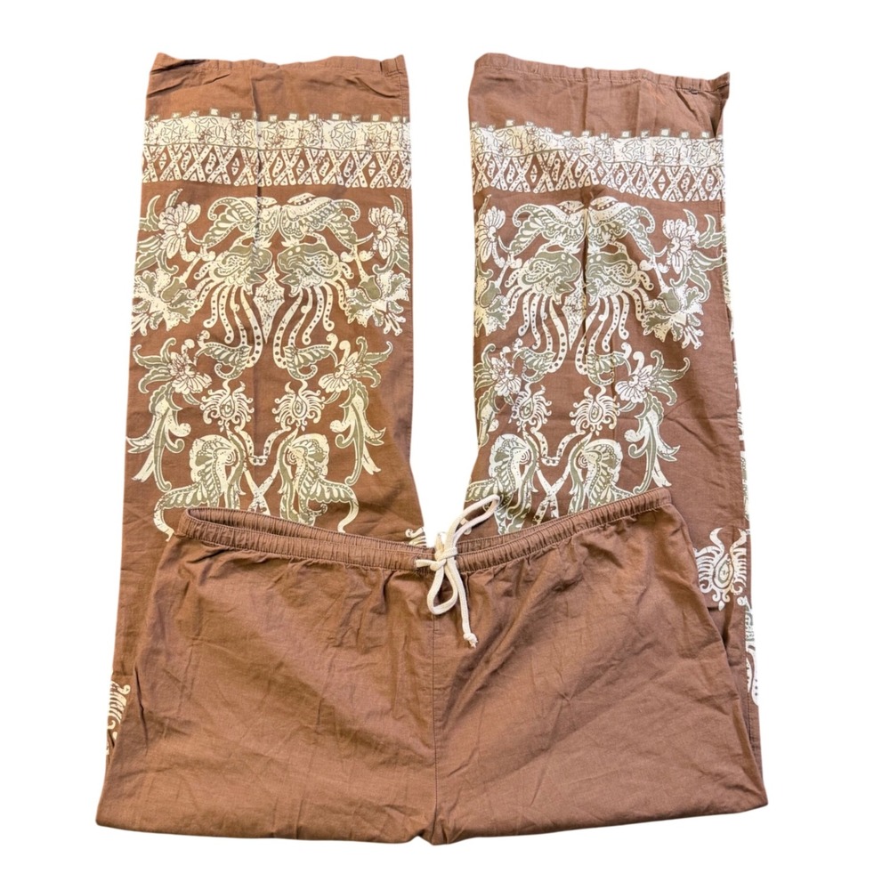 Vintage Old Navy Brown Batik Floral Pajama Pants Drawstring Lounge Wide Leg L